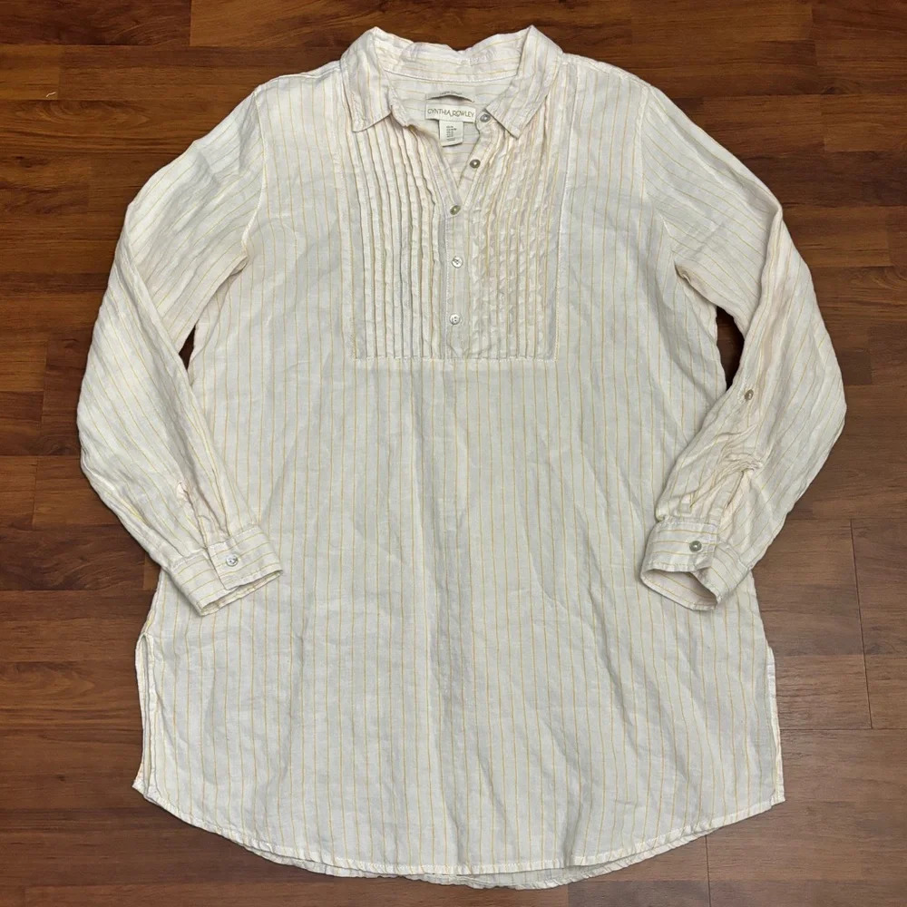 Cynthia Rowley 100% Linen Tunic Shirt Dress Roll Tab Sleeves Yellow Size Medium